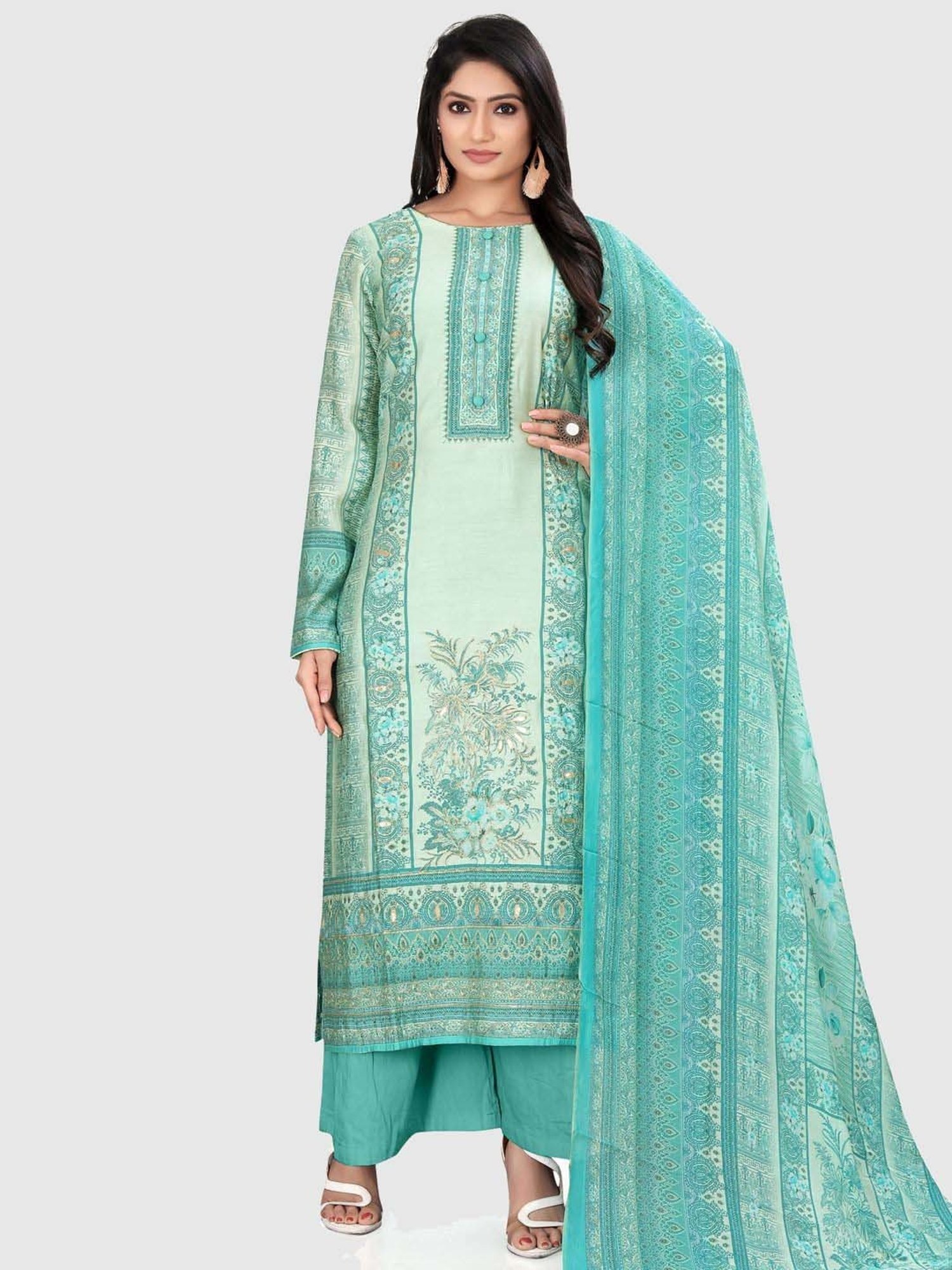 Stylee LIFESTYLE Turquoise Floral Print Unstitched Dress Material