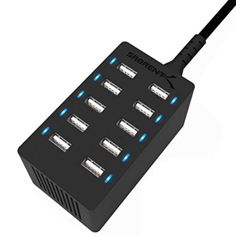 Sabrent 60 Watt (12 Amp) 10-Port [UL Certified] Family-Sized Desktop USB Rapid Charger. Smart USB Ports with Auto Detect Technology [Black] (AX-TPCS) (AX-TPCS)