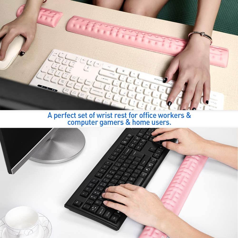 BUBM Keyboard Wrist Rest Mouse Wrist Pad Arm Support with Massage Holes Design, Ergonomic Memory Foam Hand Palm Rest, Comfortable Wrist Cushion & Easy-Tying for PC Gaming, Office, Computer(Pink Set)