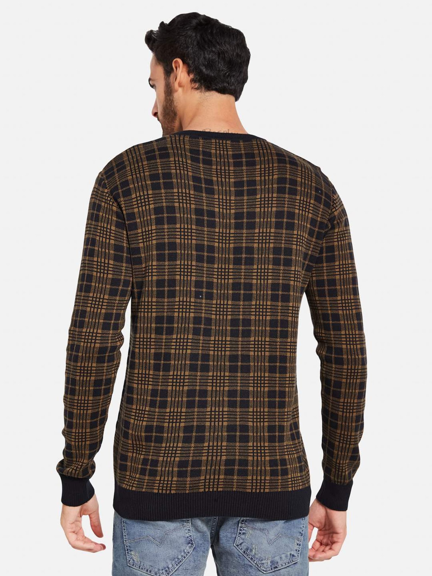 METTLE Brown Cotton Regular Fit Checks Sweater