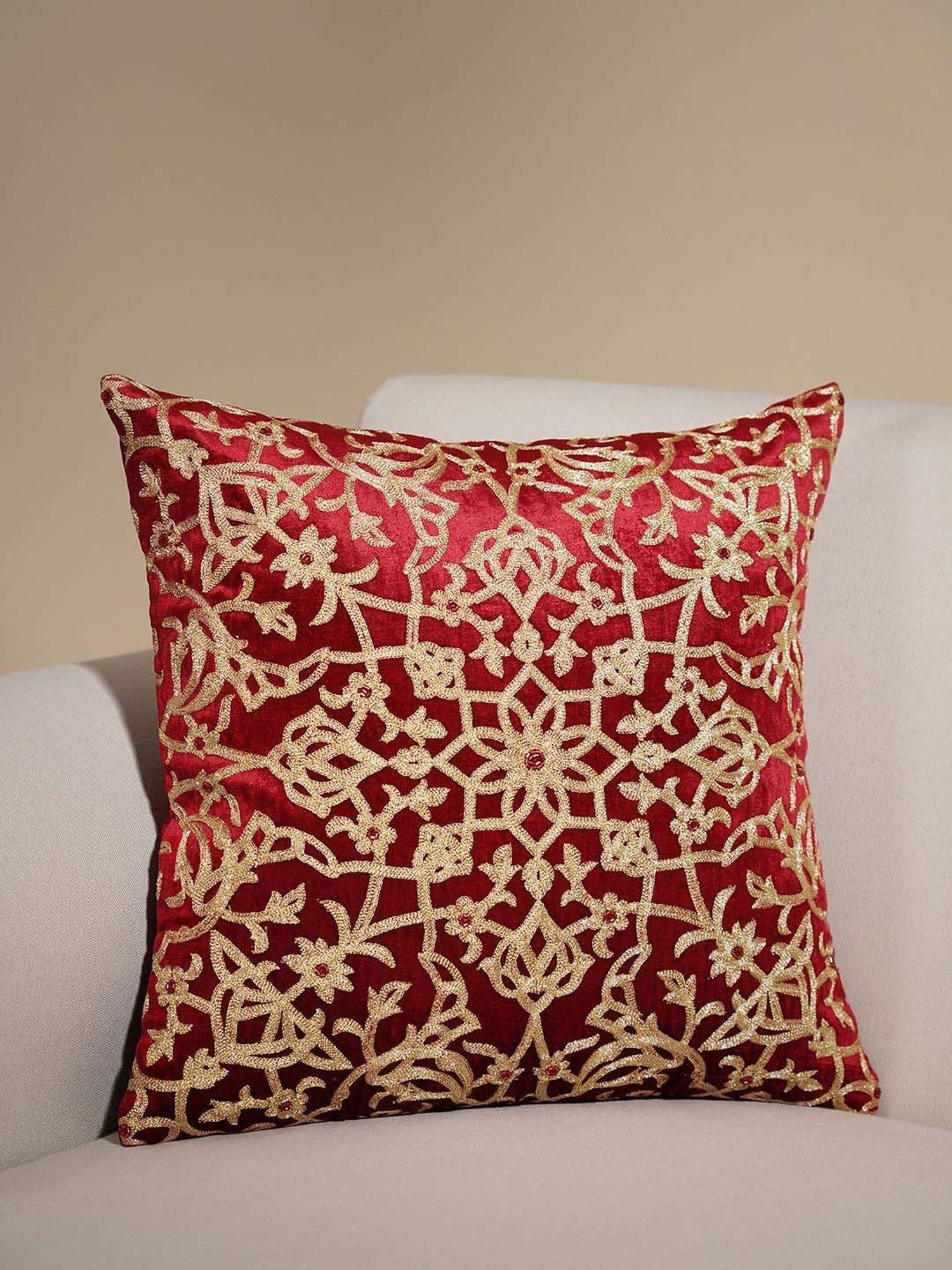 Pure Home and Living Red Cotton Embroidered Motif Cushion Cover