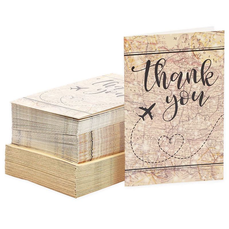 48-Pack Travel Themed Thank You Cards with Kraft Envelopes, Airplane & Heart on a Map, Ideal for Parties, 4" x 6"