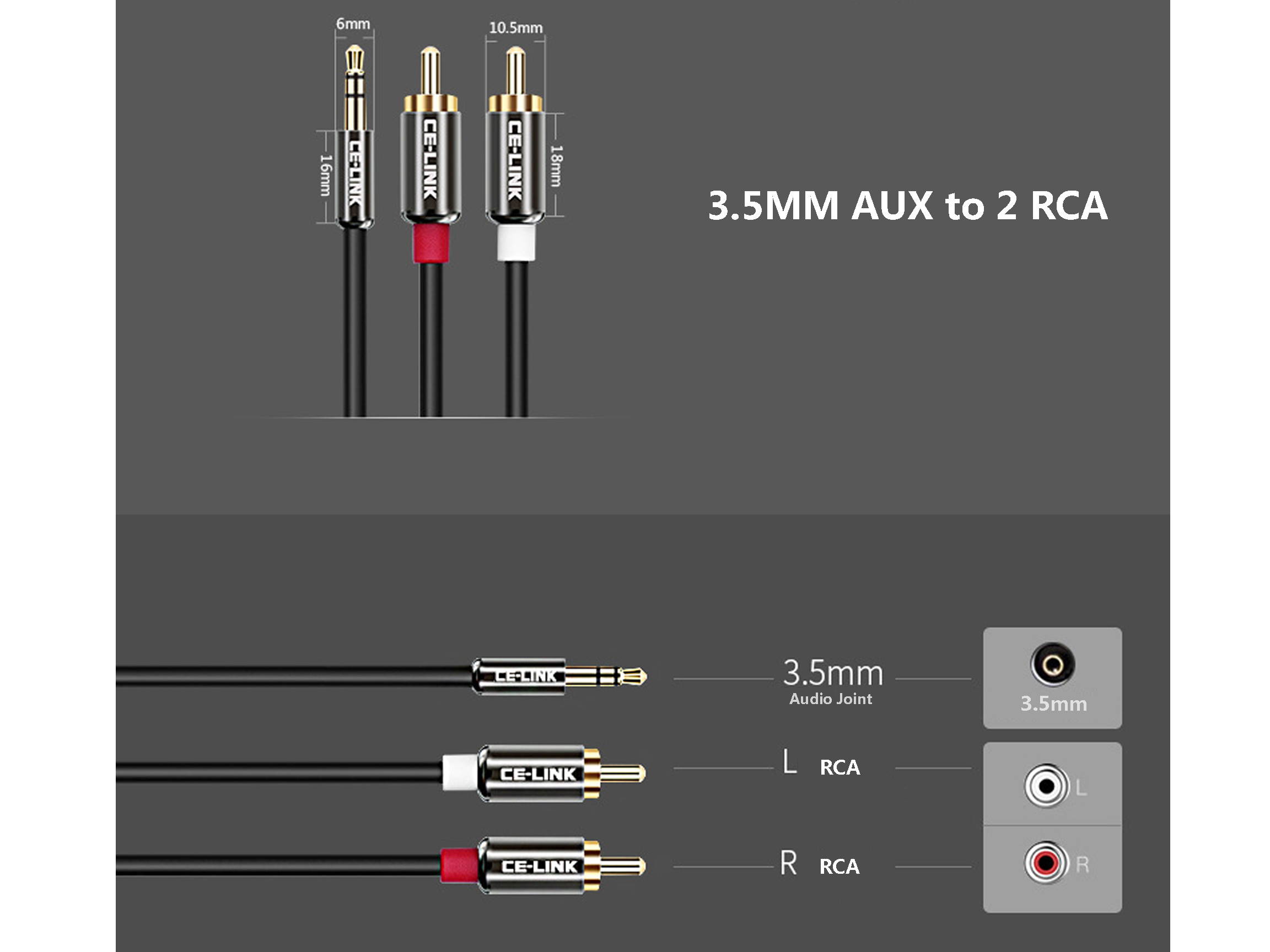 CE-LINK 3.5MM AUX to 2 RCA Audio Cable 1.5M/5M