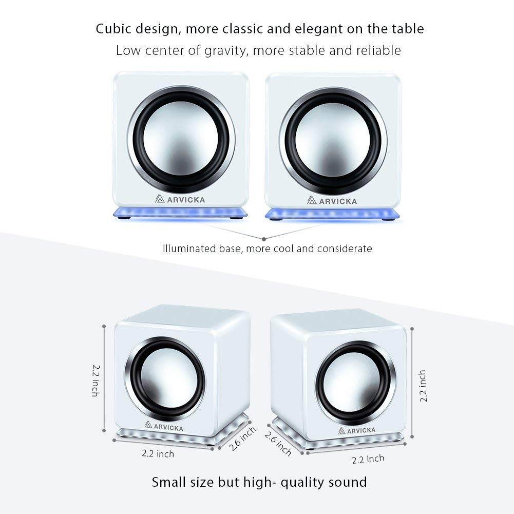 ARVICKA Blue LED USB Speakers- Wired Laptop Speakers 2.0 Channel Small Computer Desktop Speakers for PC, Echo Dot, Updated Version, White
