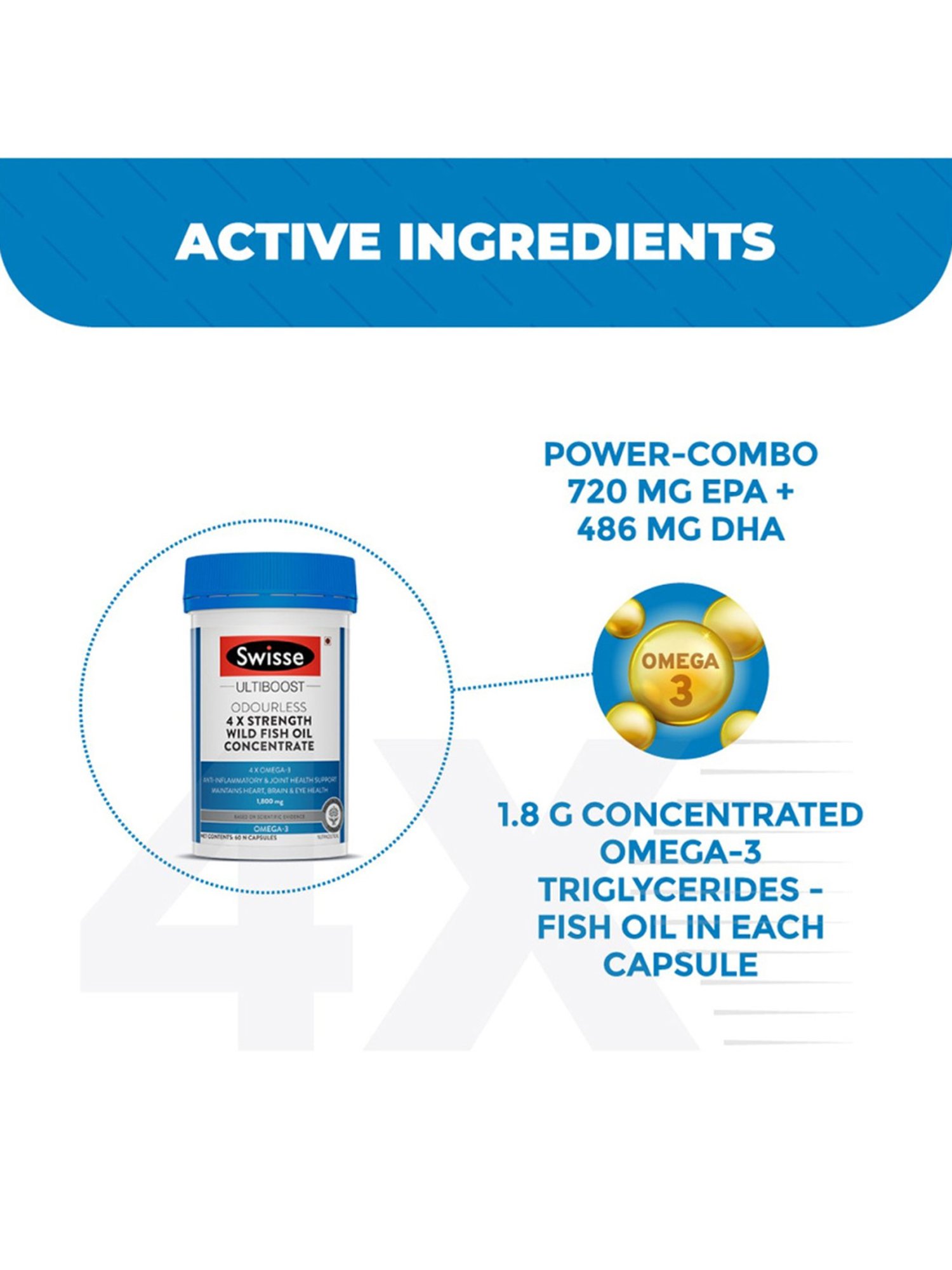 Swisse Ultiboost Odourless 4X Strength Wild Fish Oil Supplement - 60 Tablets