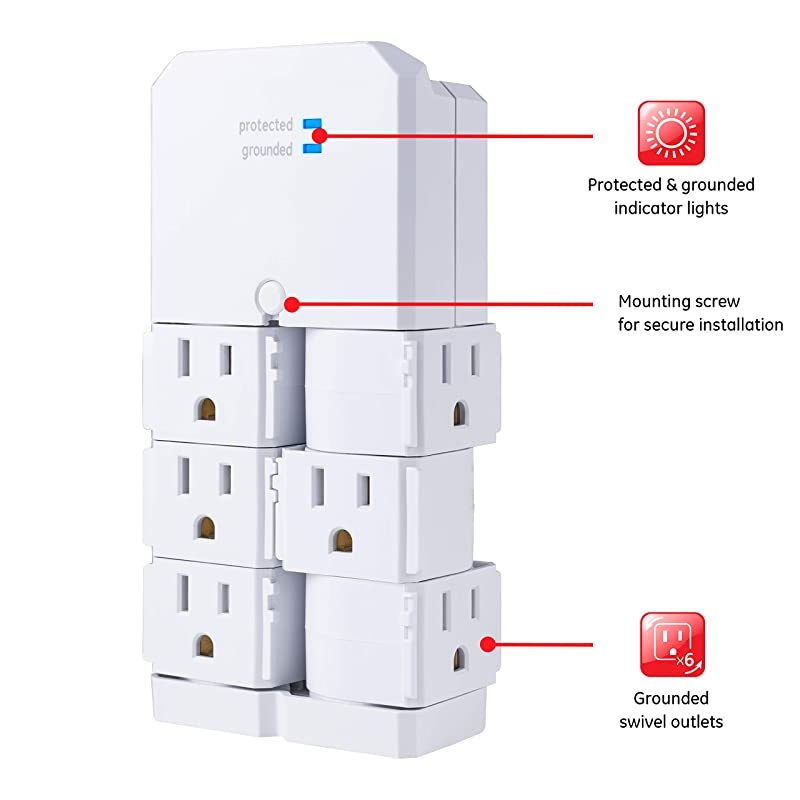 Pro 6-Outlet Sur Protector Tap with Swivel Outlets, White, 90 Degree Rotating Outlets, 1080 Joules, 37063