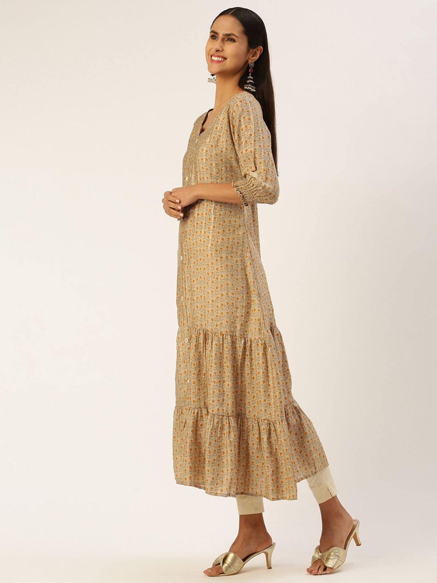 SHANVIKA Beige Embellished Cotton Silk A Line Kurta