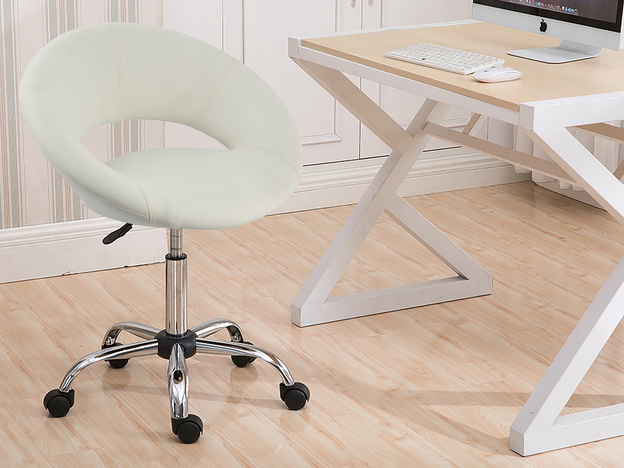 Swivel Height Adjustable Office Chair PU Leather Task Chairs Stool with Wheels