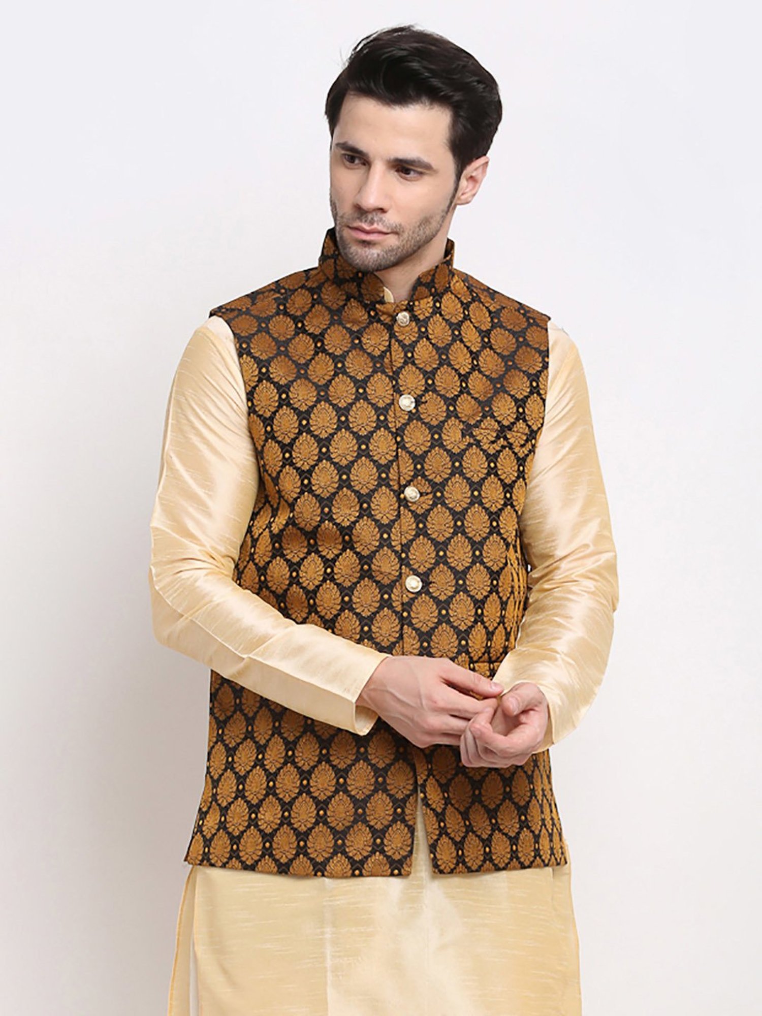 Jompers Black Regular Fit Self Design Nehru Jacket