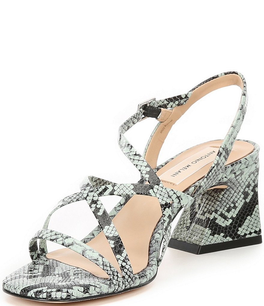 Antonio Melani Merced Snake Printed Leather Strappy Block Heels
