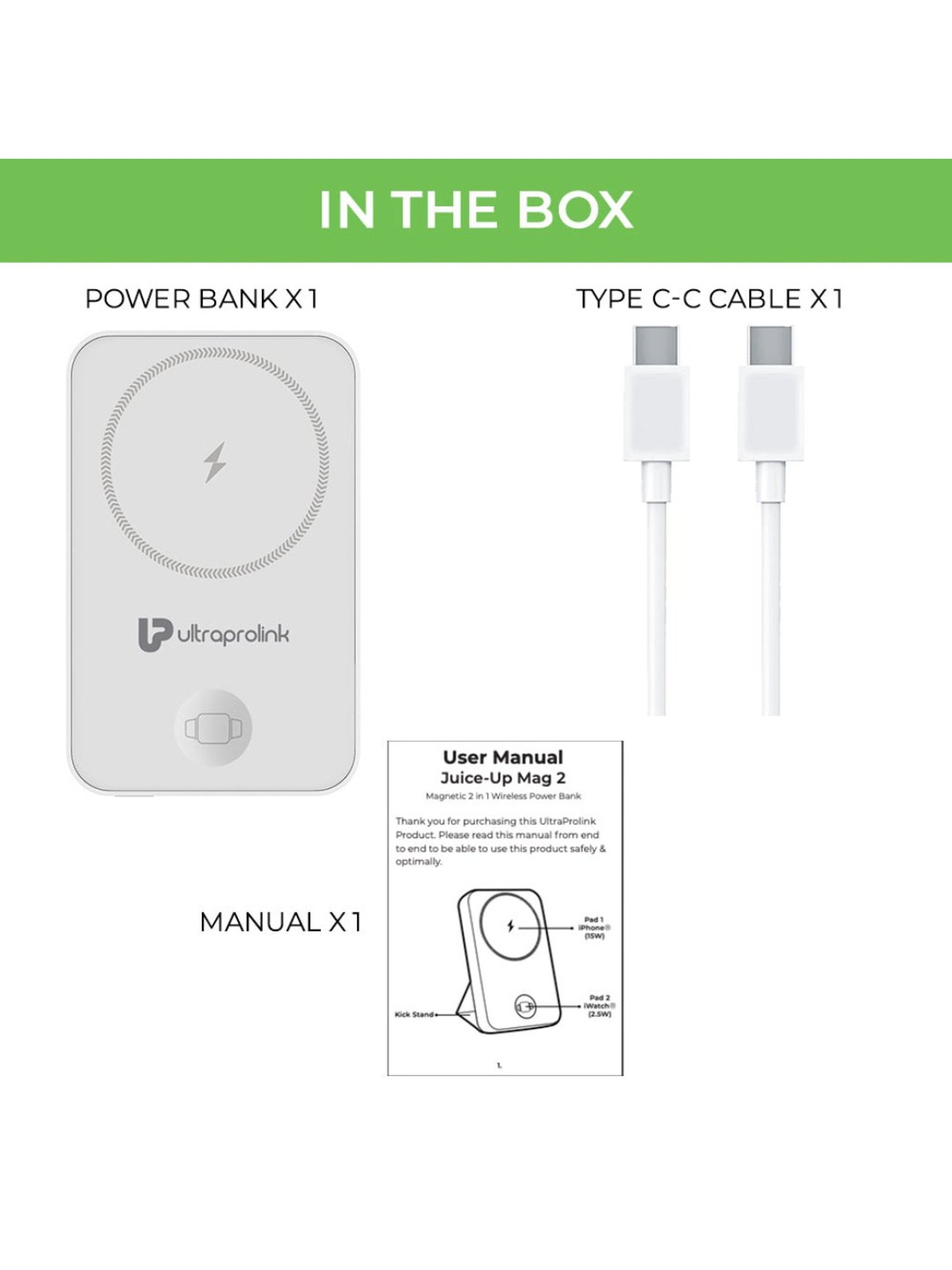 ULTRAPROLINK UM1113BLU 10,000mAh 2 in 1 Wireless Magnetic Power Bank with LED Display (White)
