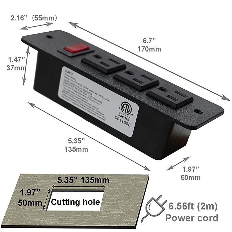 Outlets Recessed Power Strip with Switch Mountable Power Strip 3AC Outlet Black