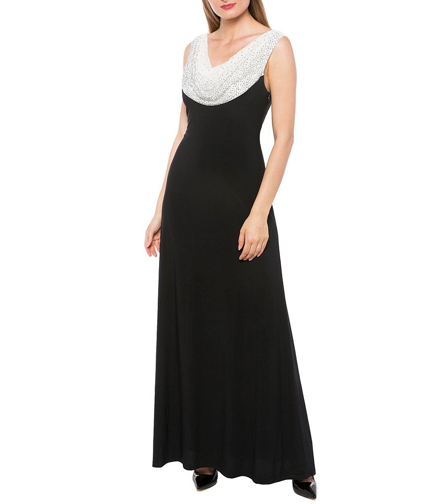 Marina Matte Jersey Beaded Cowl Neck Drape Back Sleeveless Gown