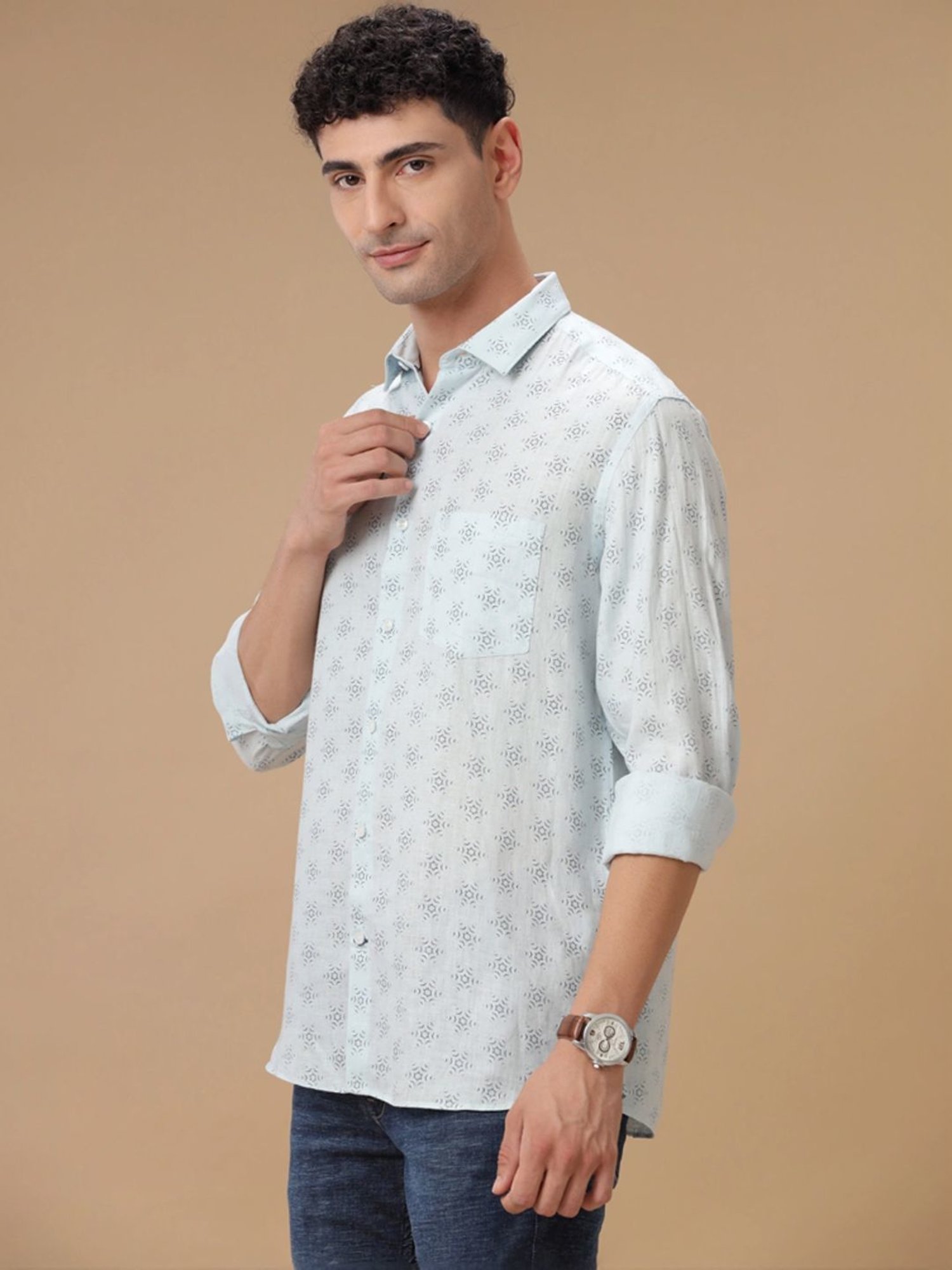 Linen Club Blue Linen Contemporary Fit Printed Shirt