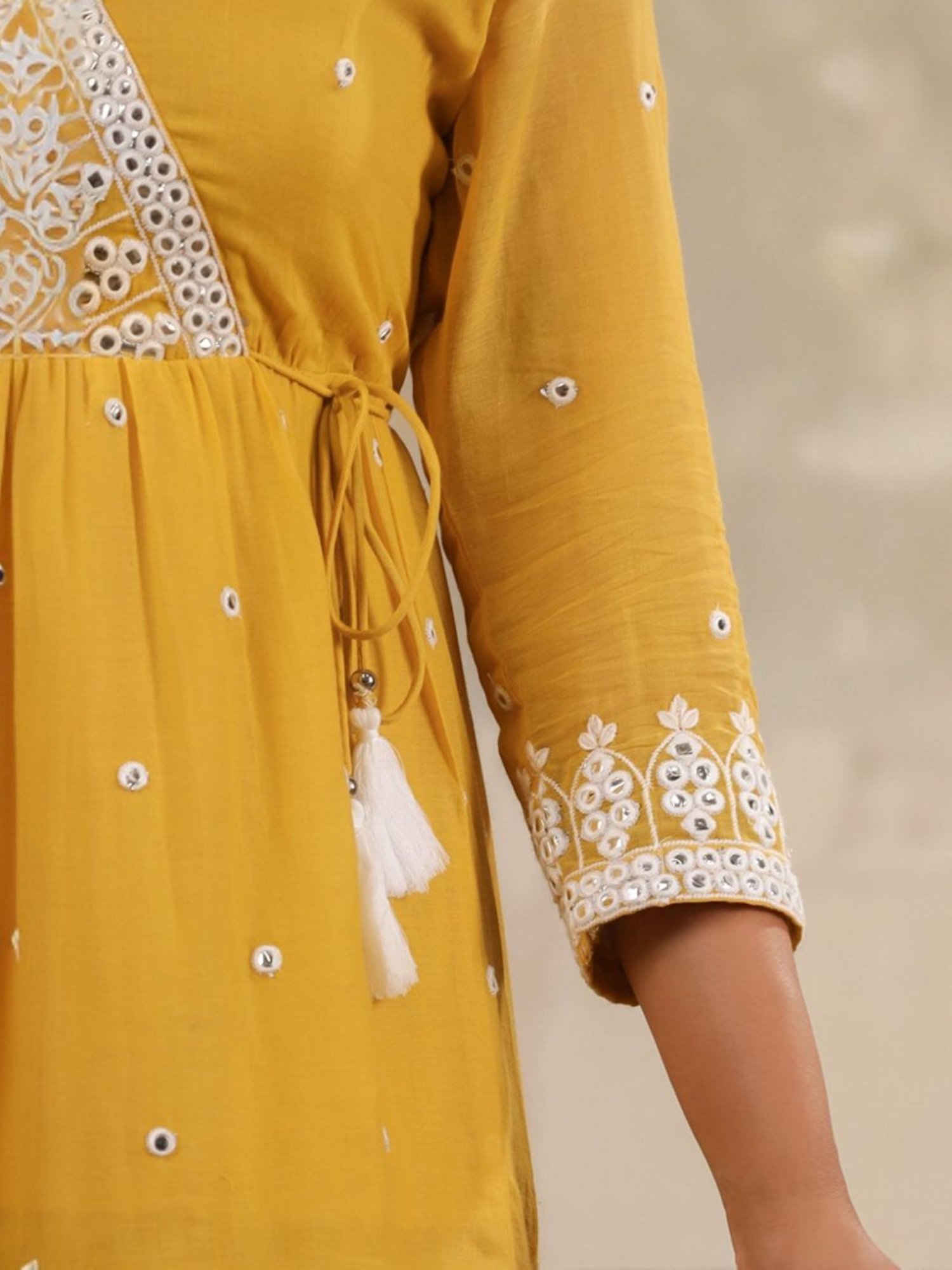 SCAKHI Mustard Mulmul Mirror Embroidered Peplum Kurta With Sharara And Dupatta