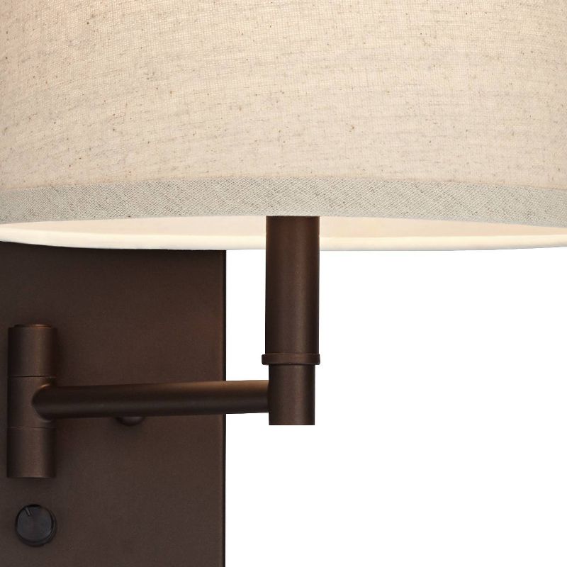 Barnes and Ivy Modern Swing Arm Wall Lamp Antique Brass Plug-In Light Fixture Taupe Fabric Bell Shade Bedroom Living Room Reading