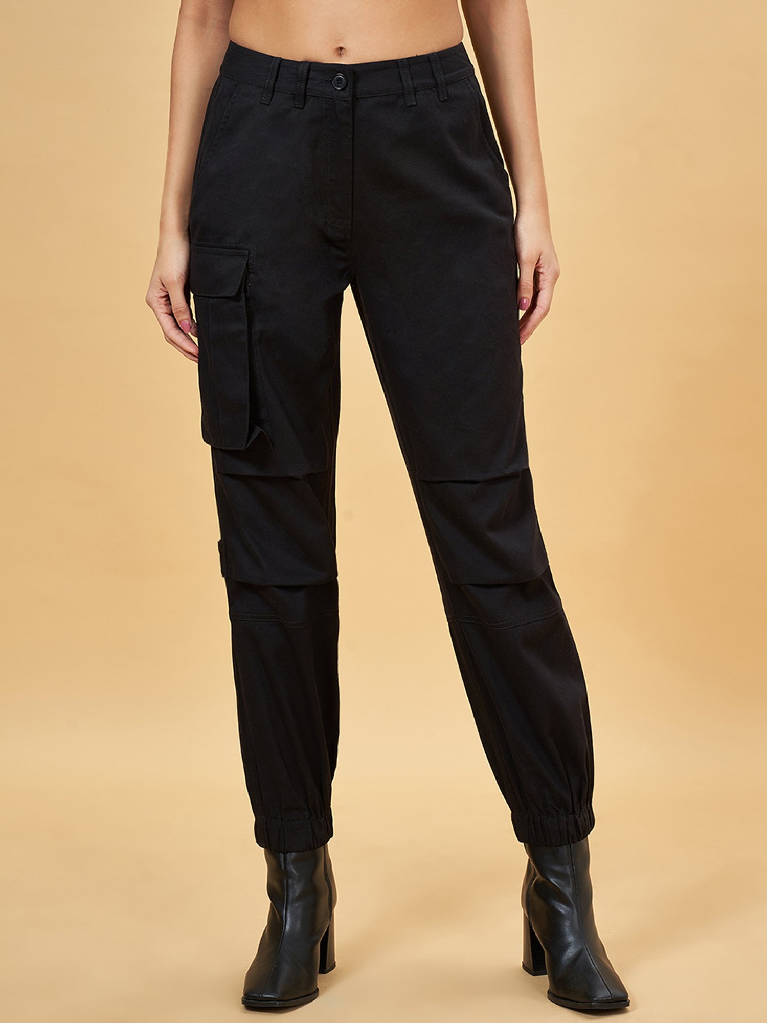 SF Jeans by Pantaloons Jet Black Mid Rise Cargo Joggers