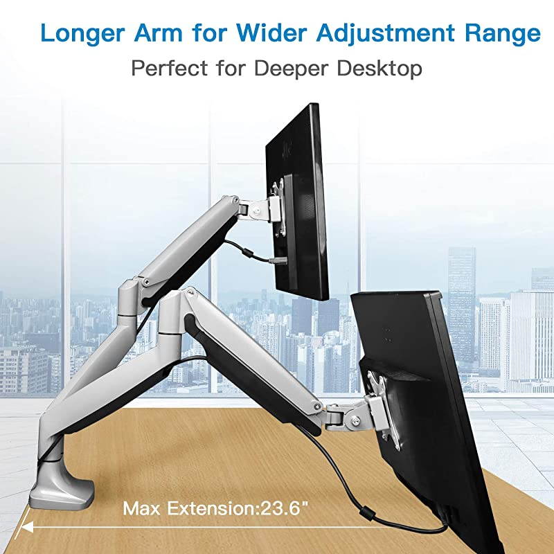 Dual Monitor Mount Stand Aluminum Gas Spring Monitor Arm Desk Mount Full Motion Adjustable VESA Bracket for 2 13 to 32 Inch Computer Screen with Clamp Grommet Base