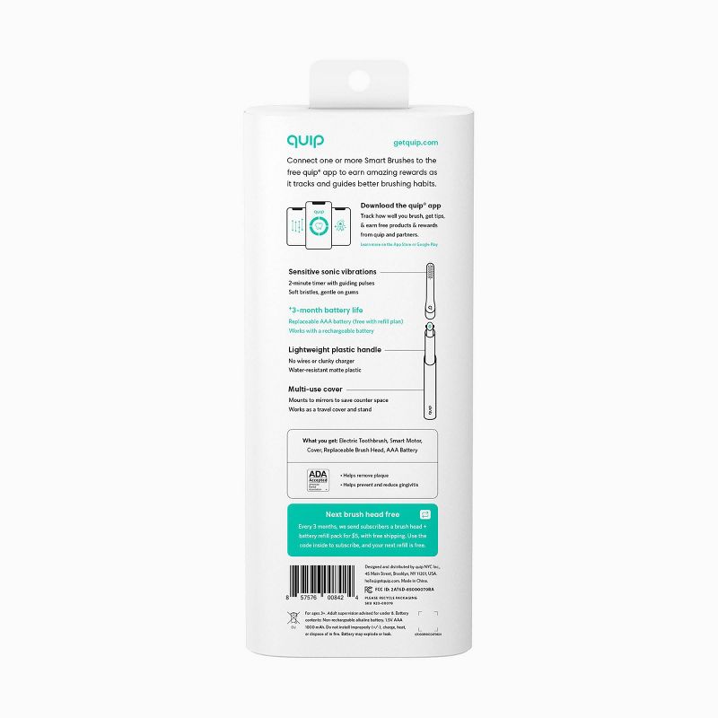 quip Plastic Smart Electric Toothbrush Starter Kit - 2-Minute Timer, Bluetooth, Free App + Travel Case - All-White