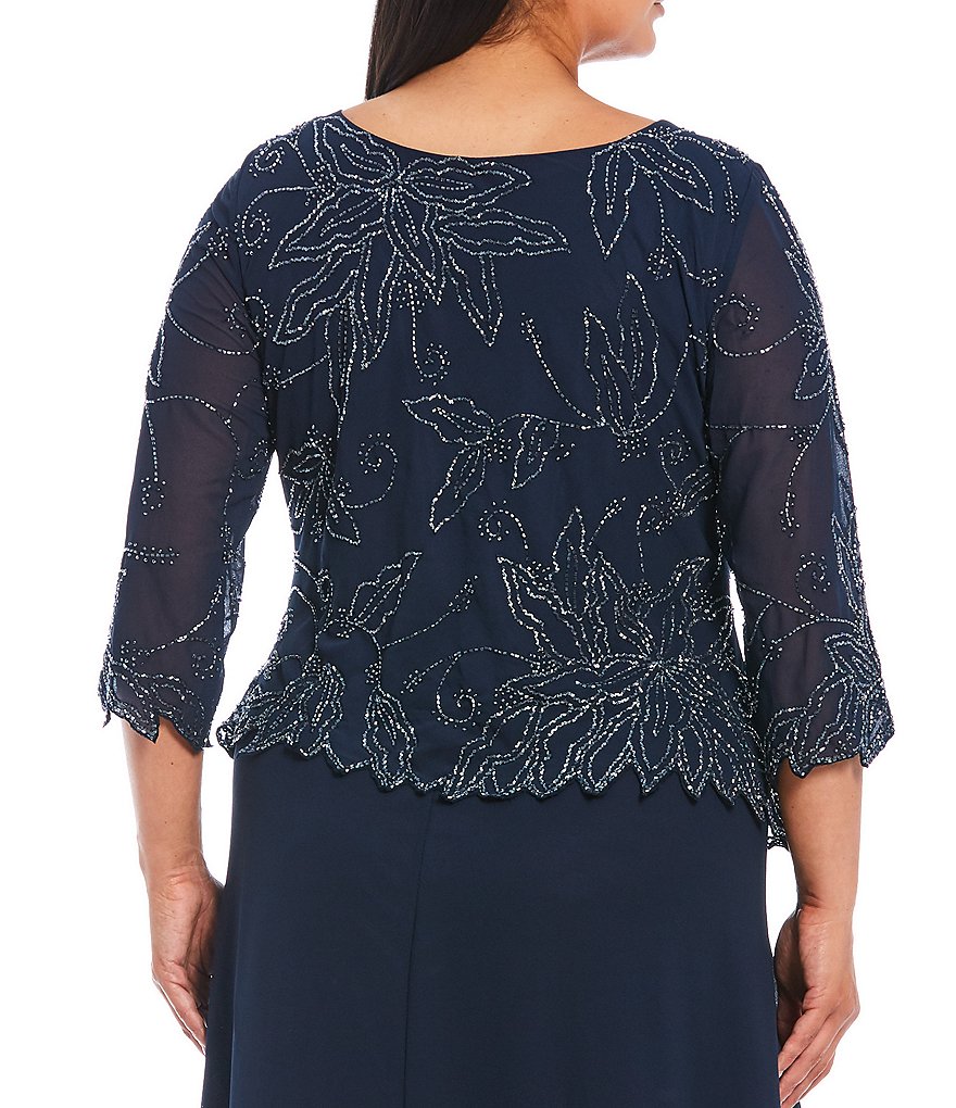 Jkara Plus Size 3/4 Sleeve Round Neck Beaded Bodice Gown