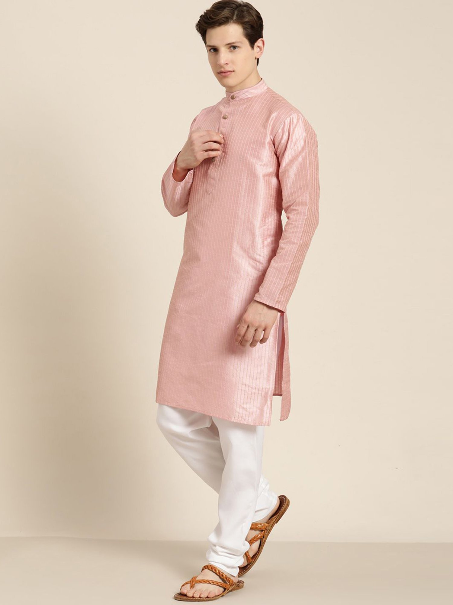 Sojanya Pink & Green Regular Fit Self Pattern Kurta Set With Jacket