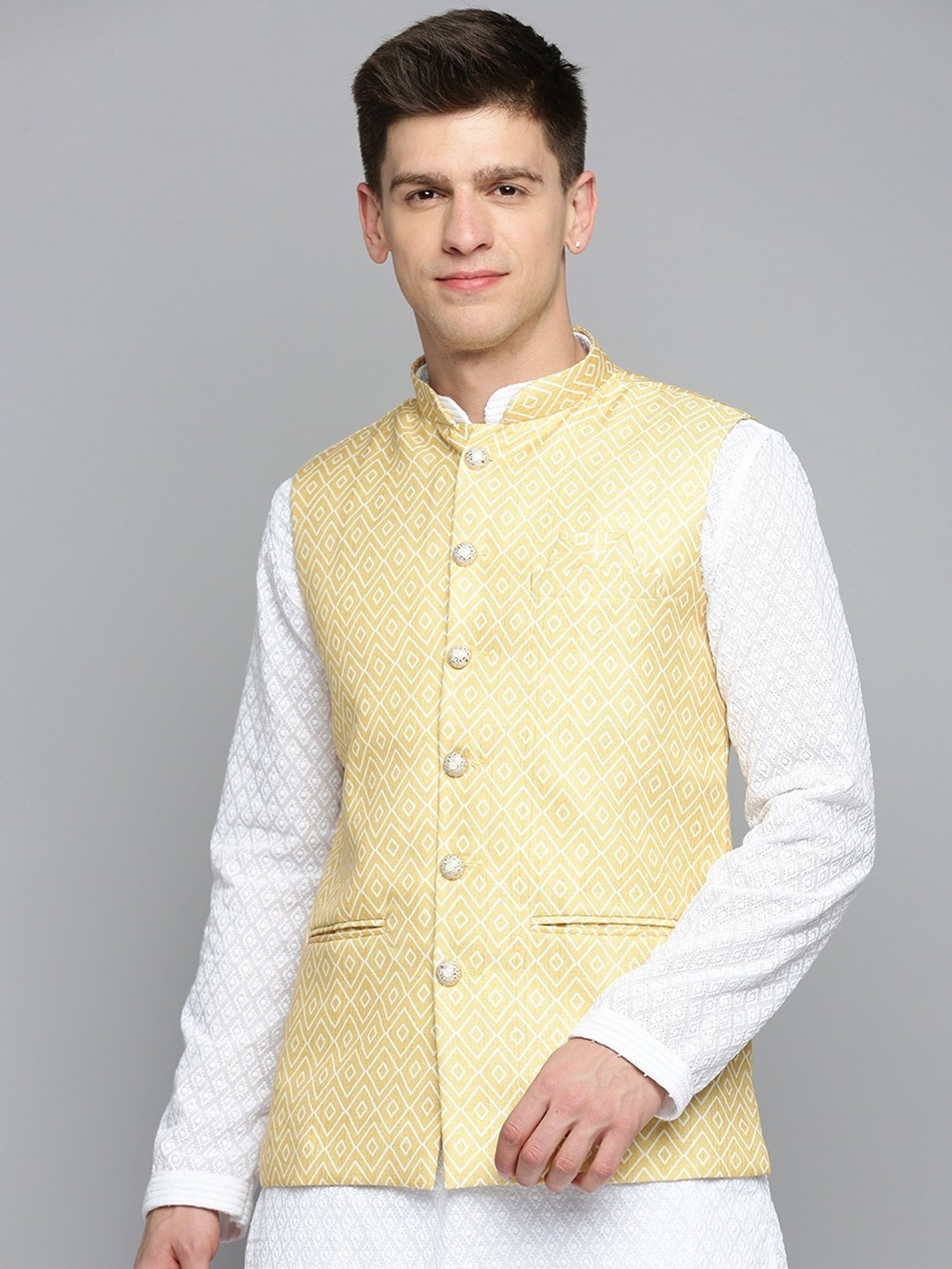 Showoff Yellow Regular Fit Printed Nehru Jacket