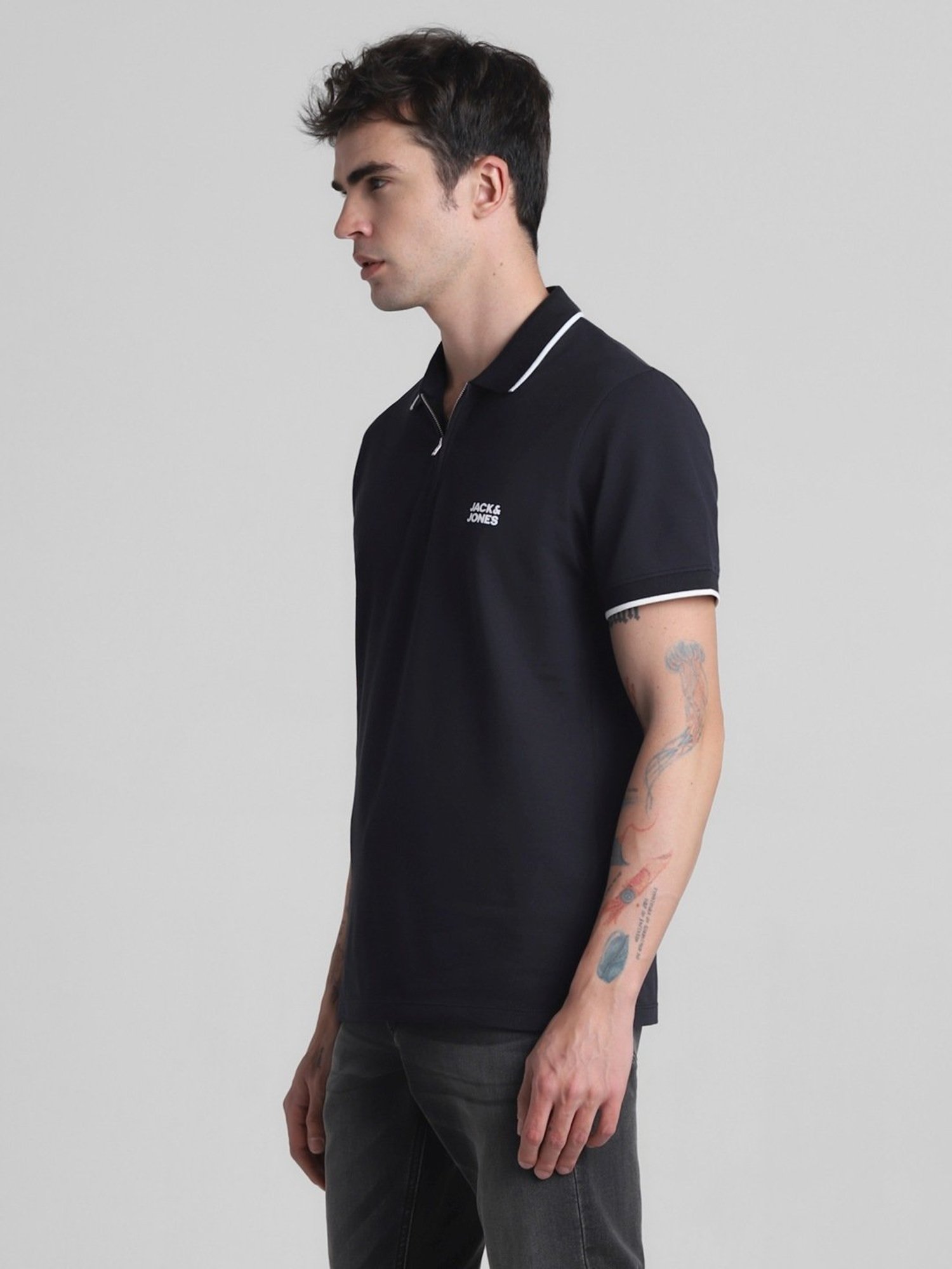 Jack & Jones Jet Black Cotton Slim Fit Polo T-Shirt