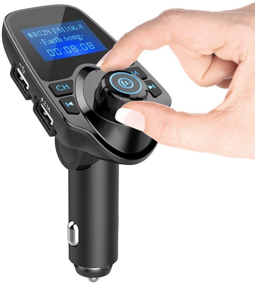 Bluetooth Car FM Transmitter Audio Adapter Receiver Wireless Handsfree Voltmeter Car Kit TF Card AUX USB 1.44 Display - KM19 Black