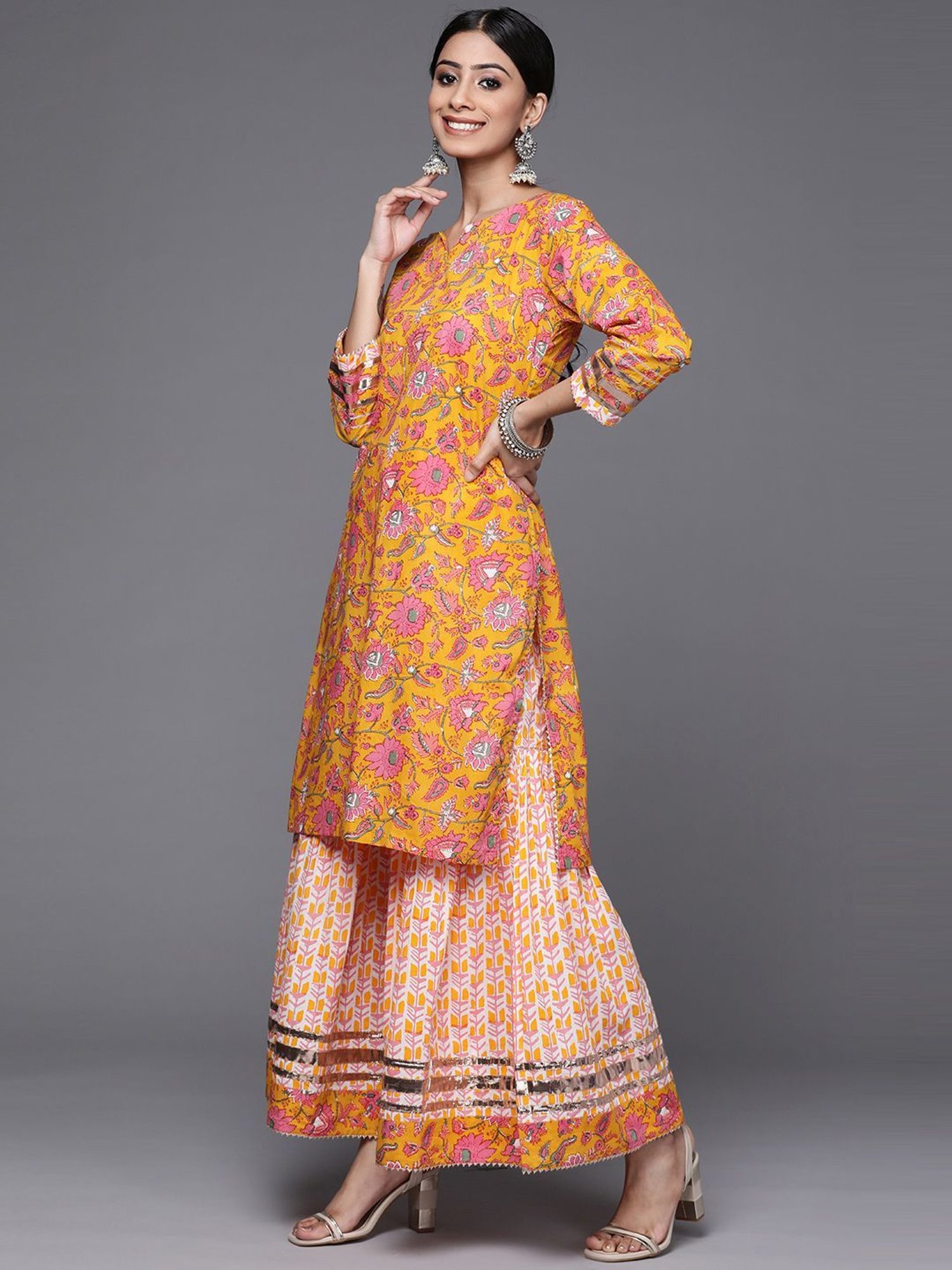 KSUT Yellow Cotton Printed Kurta Sharara Set