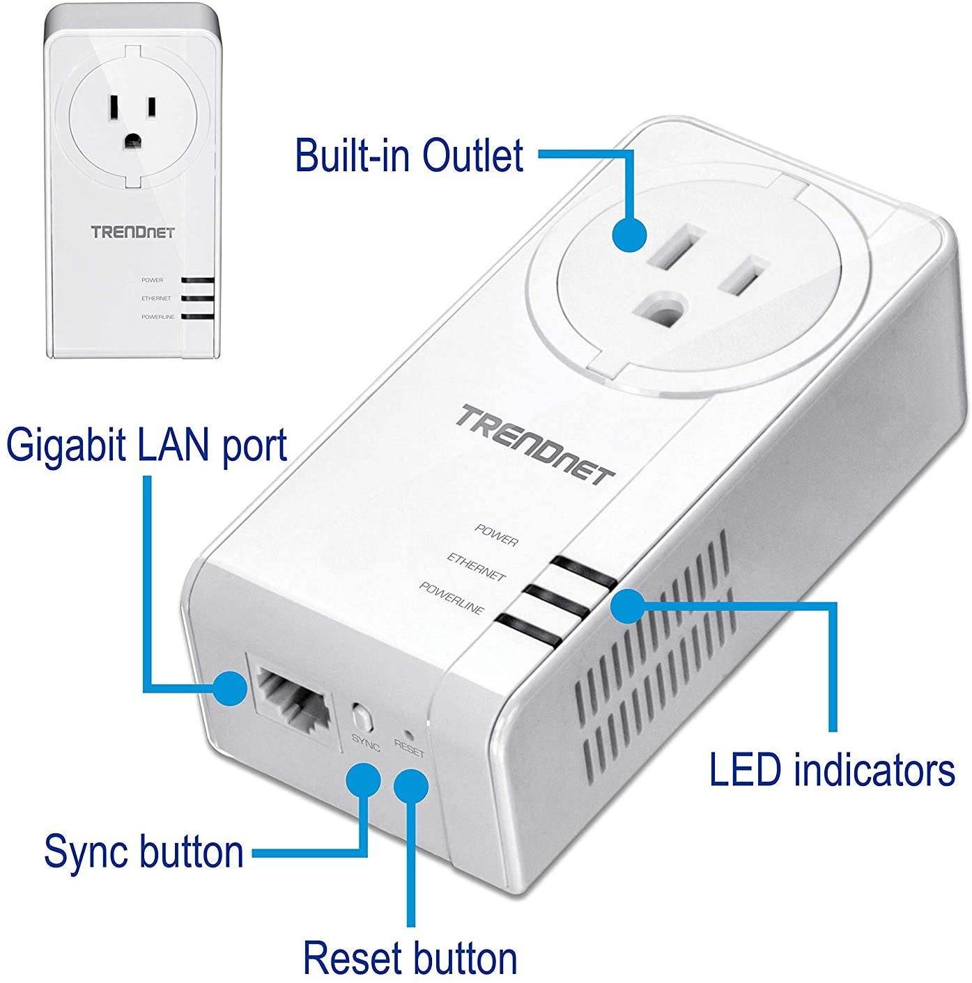 Powerline 1300 AV2 Adapter with Built-in Outlet Adapter Kit, Includes 2 x TPL-423E Adapters, IEEE 1905.1 & IEEE 1901, Gigabit Port, Range Up to 300m (984 ft.), TPL-423E2K, White