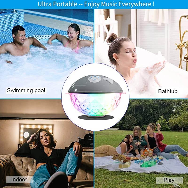 Speaker with Colorful Lights Floating Bluetooth Speaker IPX7 WaterproofBuiltin MicCrystal Clear Stereo Sound Speakers Bluetooth Wireless 50ft Range for Home Shower Outdoor Travel Gray