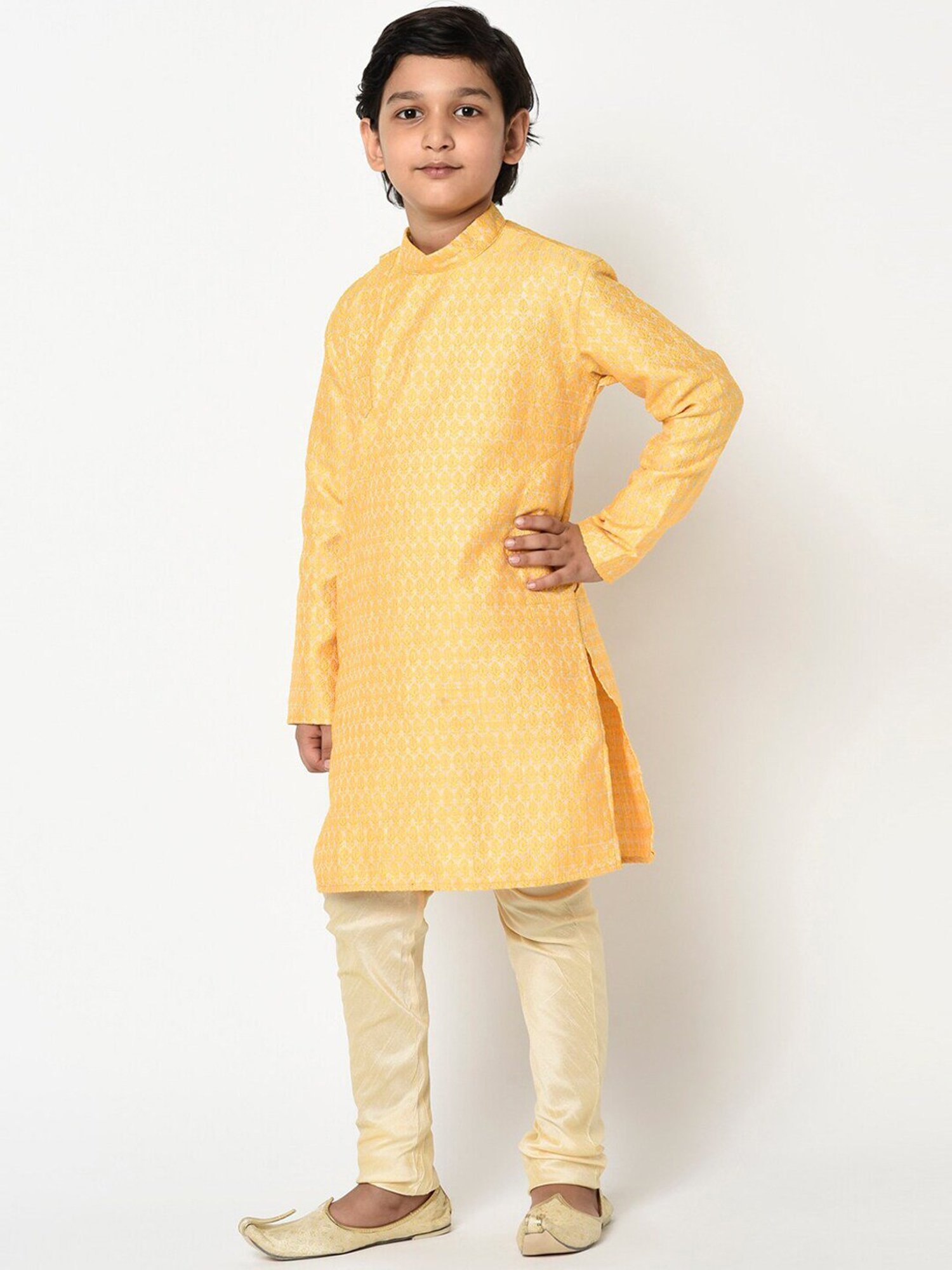 Deyann Kids Yellow & Cream Embroidery Full Sleeves Kurta with Churidar Pants