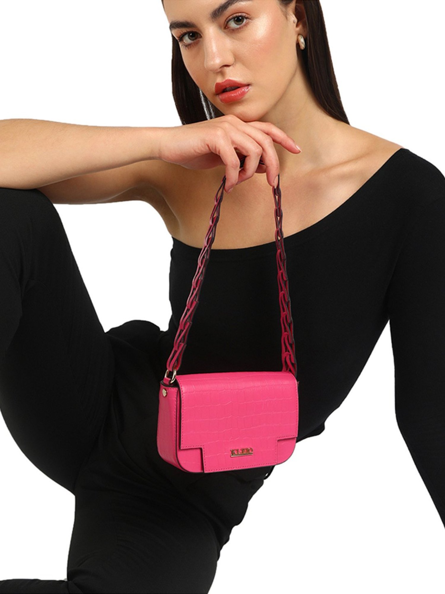 KLEIO Croco Mini Pink Small Leather Shoulder Handbag