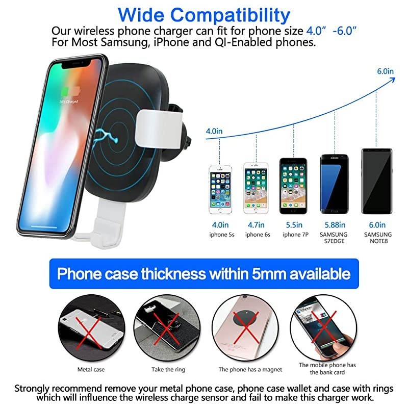Car Charger Mount QI Fast Charging Auto Clamping Phone Holder Air Vent Compatible with Samsung Galaxy S10 S9 S8 S7 Edge Note 8 5 + iPhone X Xs Max 8 Plus