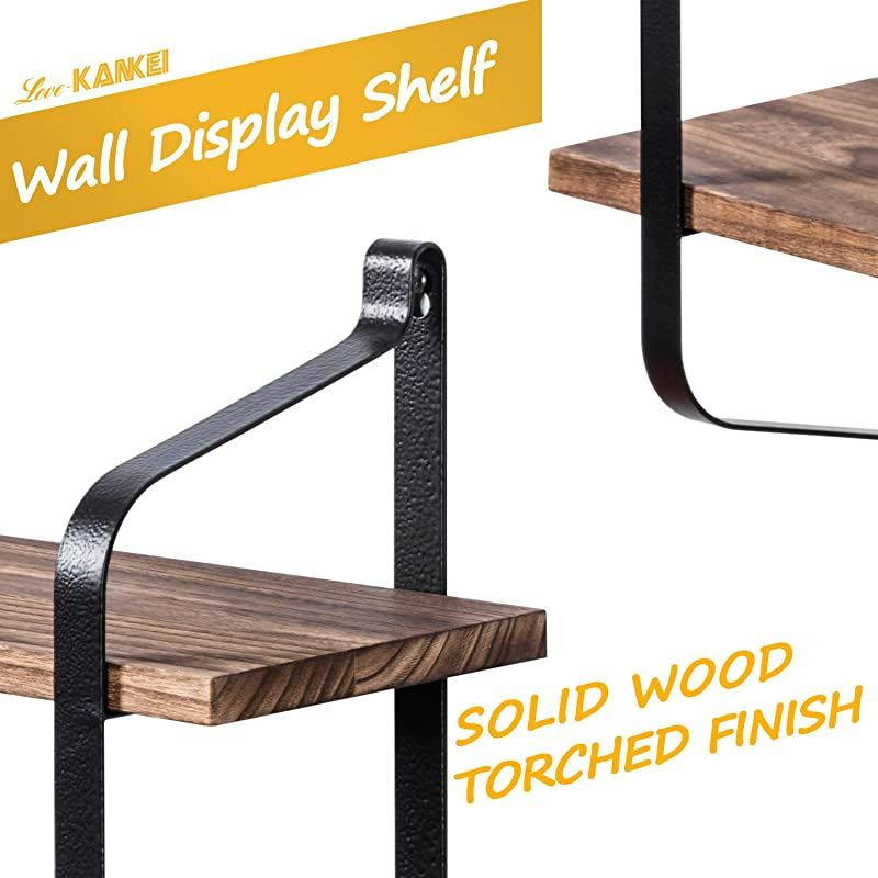 Rustic Floating Shelves Wall Mounted Industrial Wall Shelves for Pantry Living Room Bedroom Kitchen Entryway 2 Tier Wood Storage Shelf Heavy Duty Carbonized Black