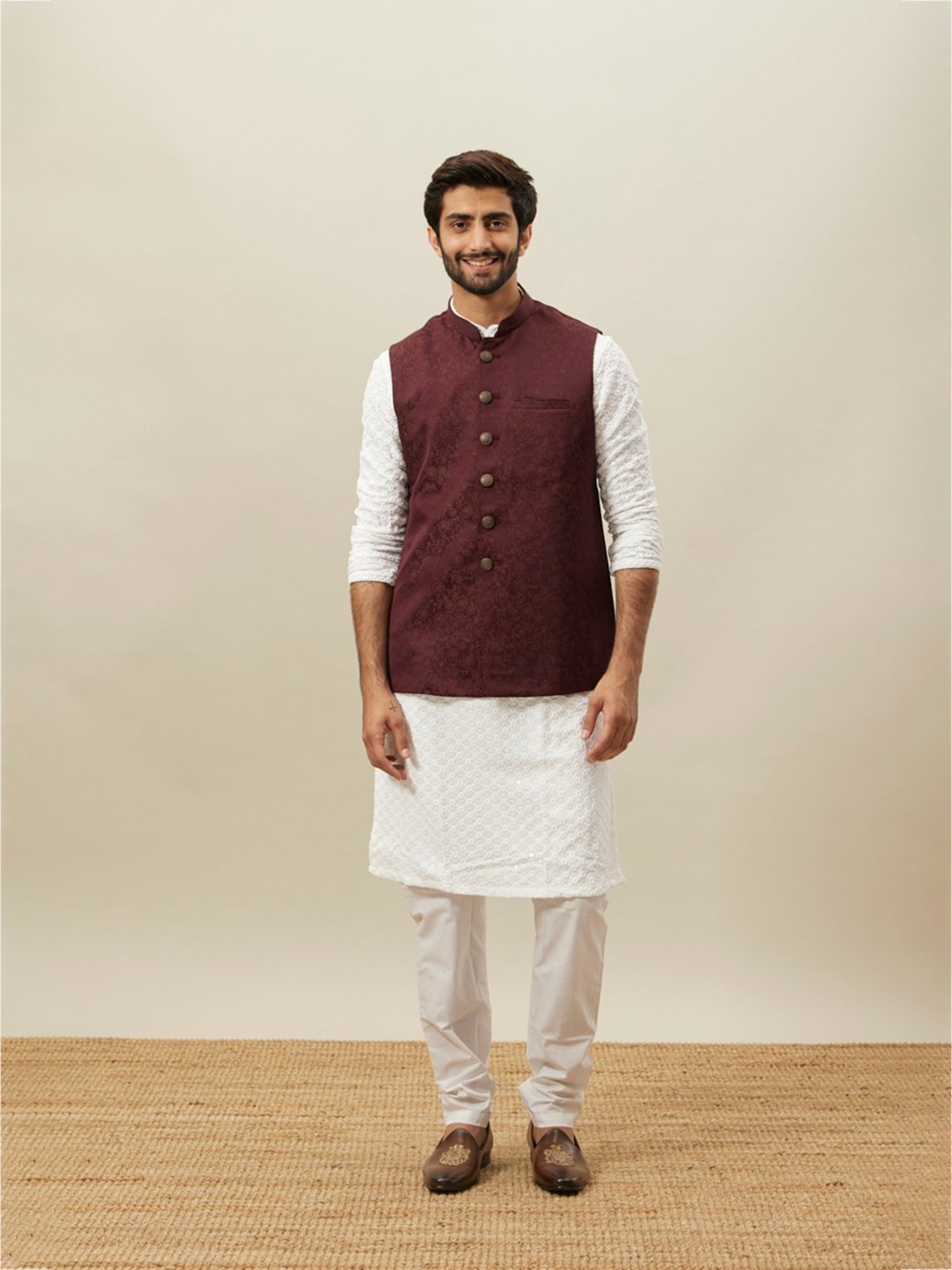 Manyavar Wine Regular Fit Printed Nehru Jacket