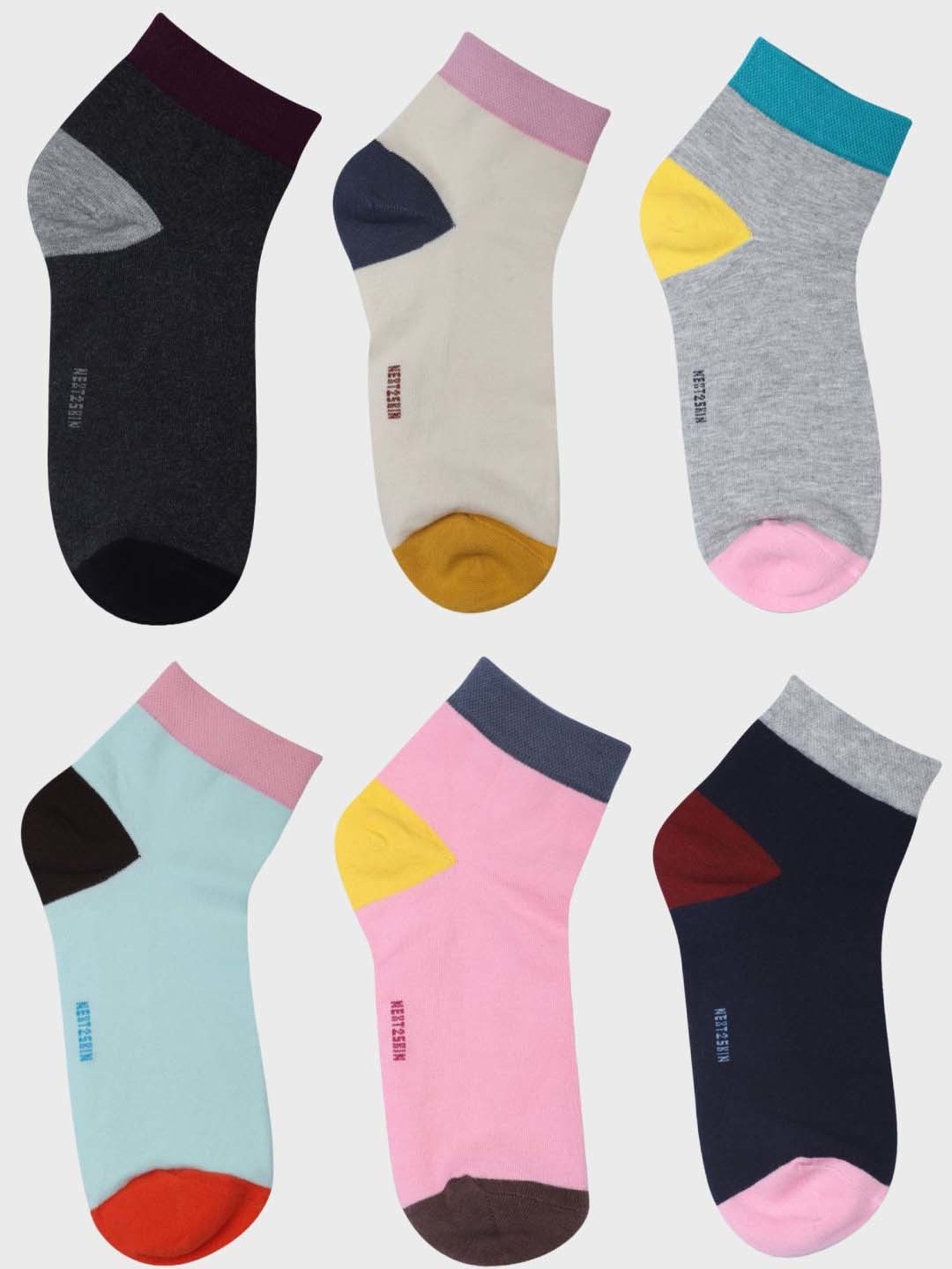 NEXT2SKIN Assorted Color Cotton Ankle Socks - Pack Of 6