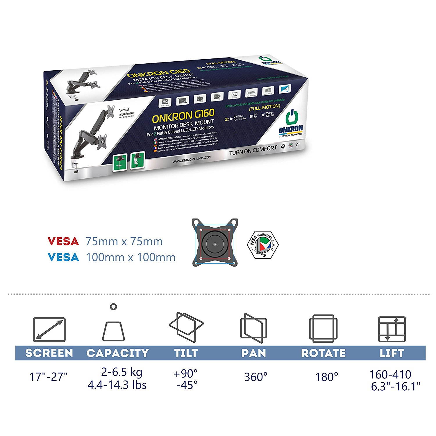 ONKRON Dual Monitor Desk Mount for 13 to 27-Inch LCD LED Computer TV Screens up to 14.3 lbs G160