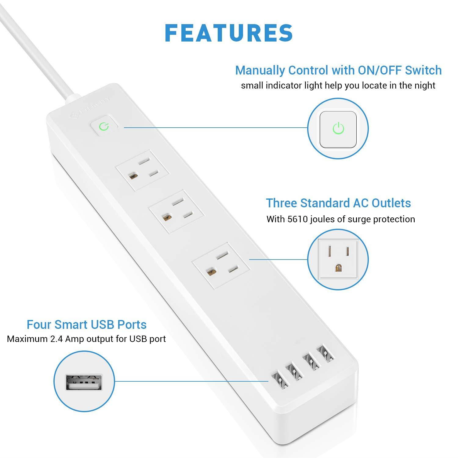 Etekcity 3-Outlet Surge Protector Power Strip with 4 USB Charging Ports, 5610 Joules,6 Ft Long Cord & Mounting Holes, 750? Flame-Retardant, FCC ETL Listed, White (Upgrade Version)