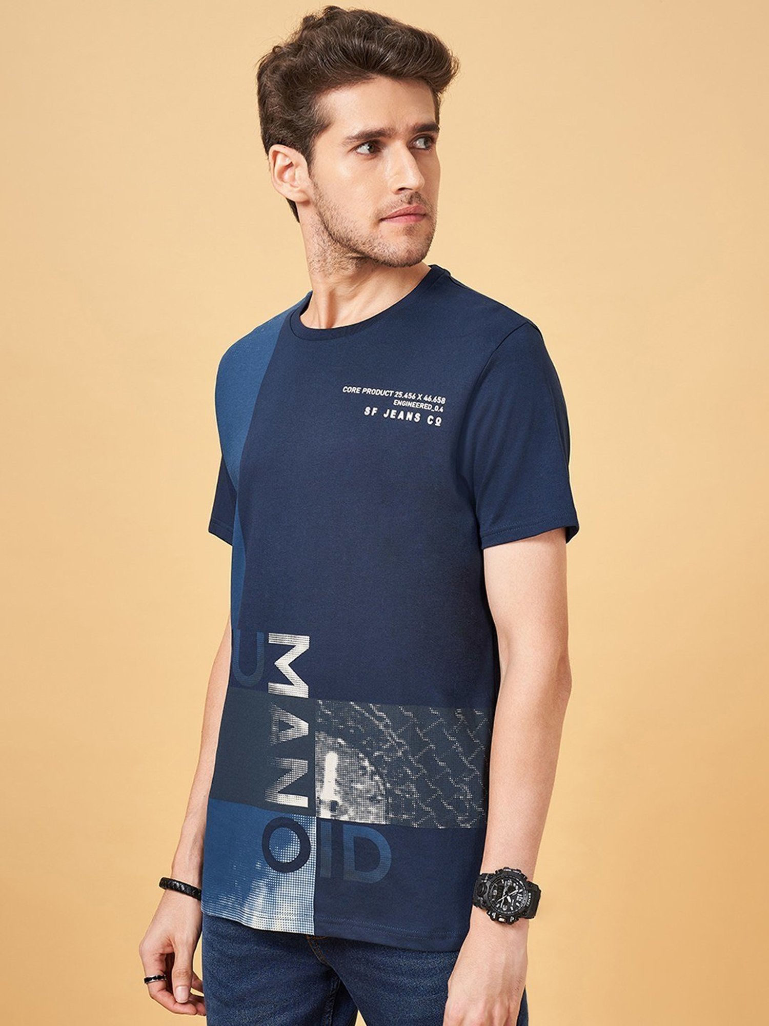 SF Jeans by Pantaloons Dress Blues Cotton Slim Fit Printed T-Shirt