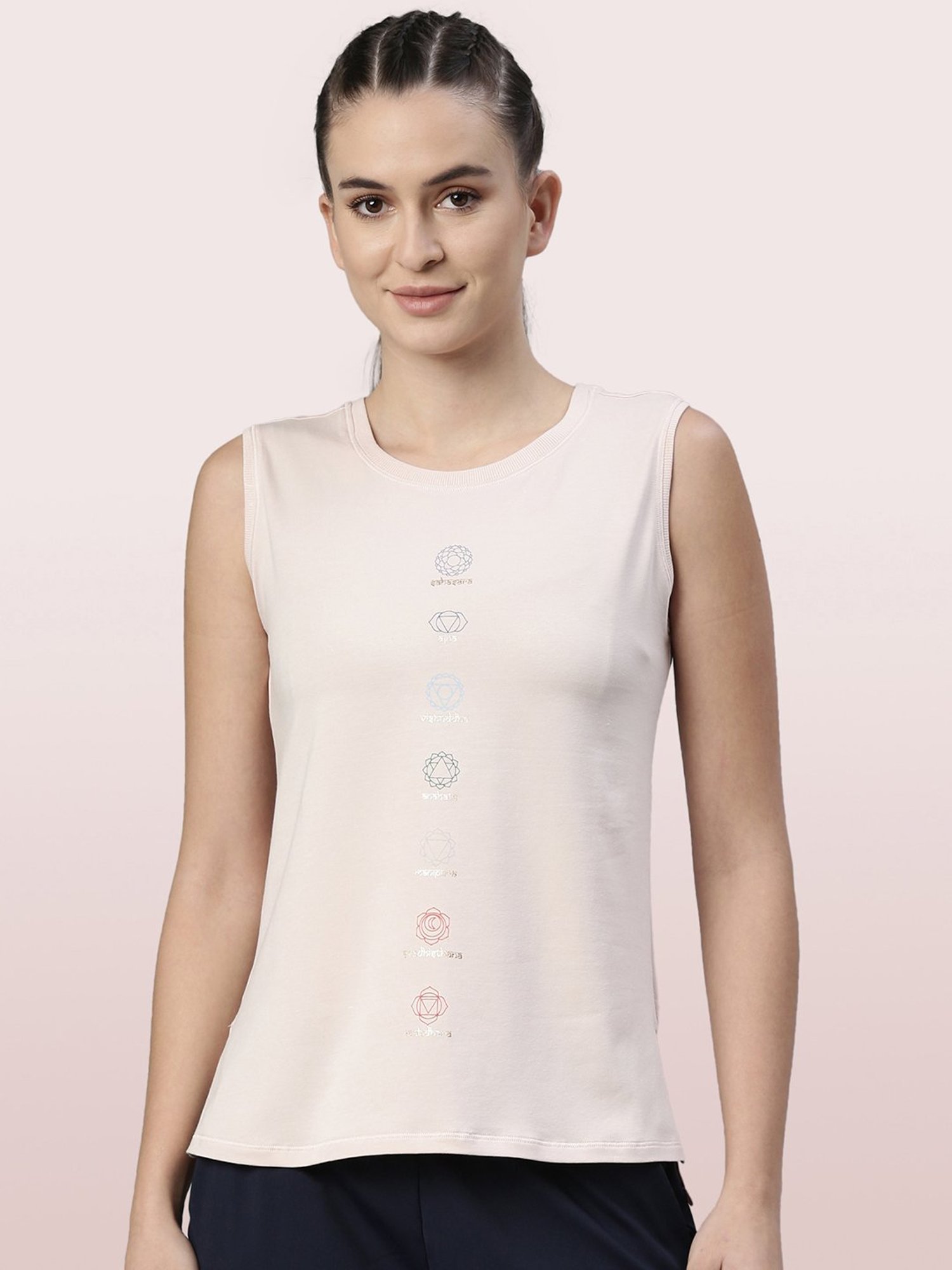 Enamor Light Pink Printed Crew T-Shirt