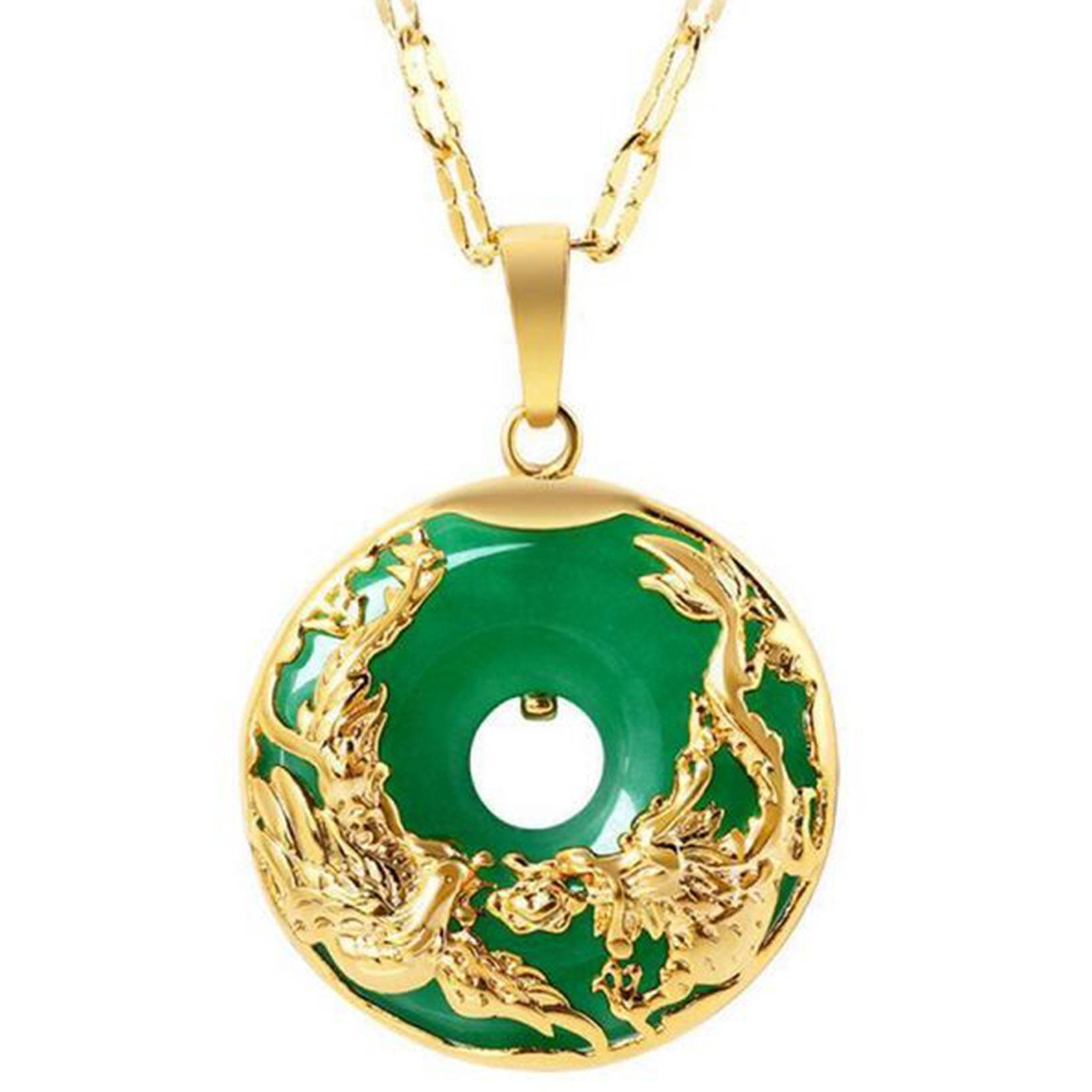 New Gold Plated Dragon Phoenix Pendant Malaysia Jade Jewelry Chain Necklace US