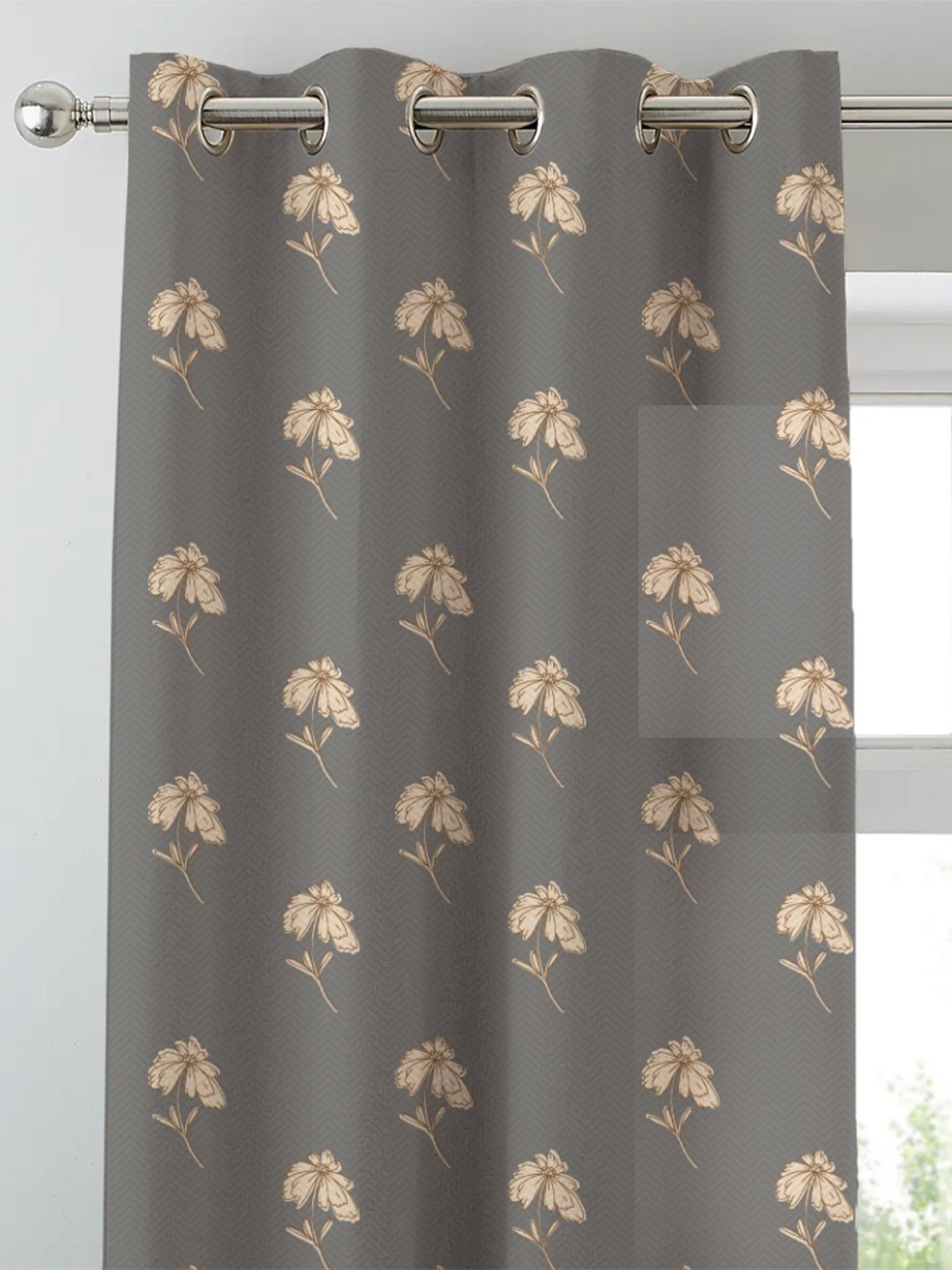SPACES DRAPE STORY Boho Floral Stone Grey Polyester 5 ft Window Curtains - Set of 2