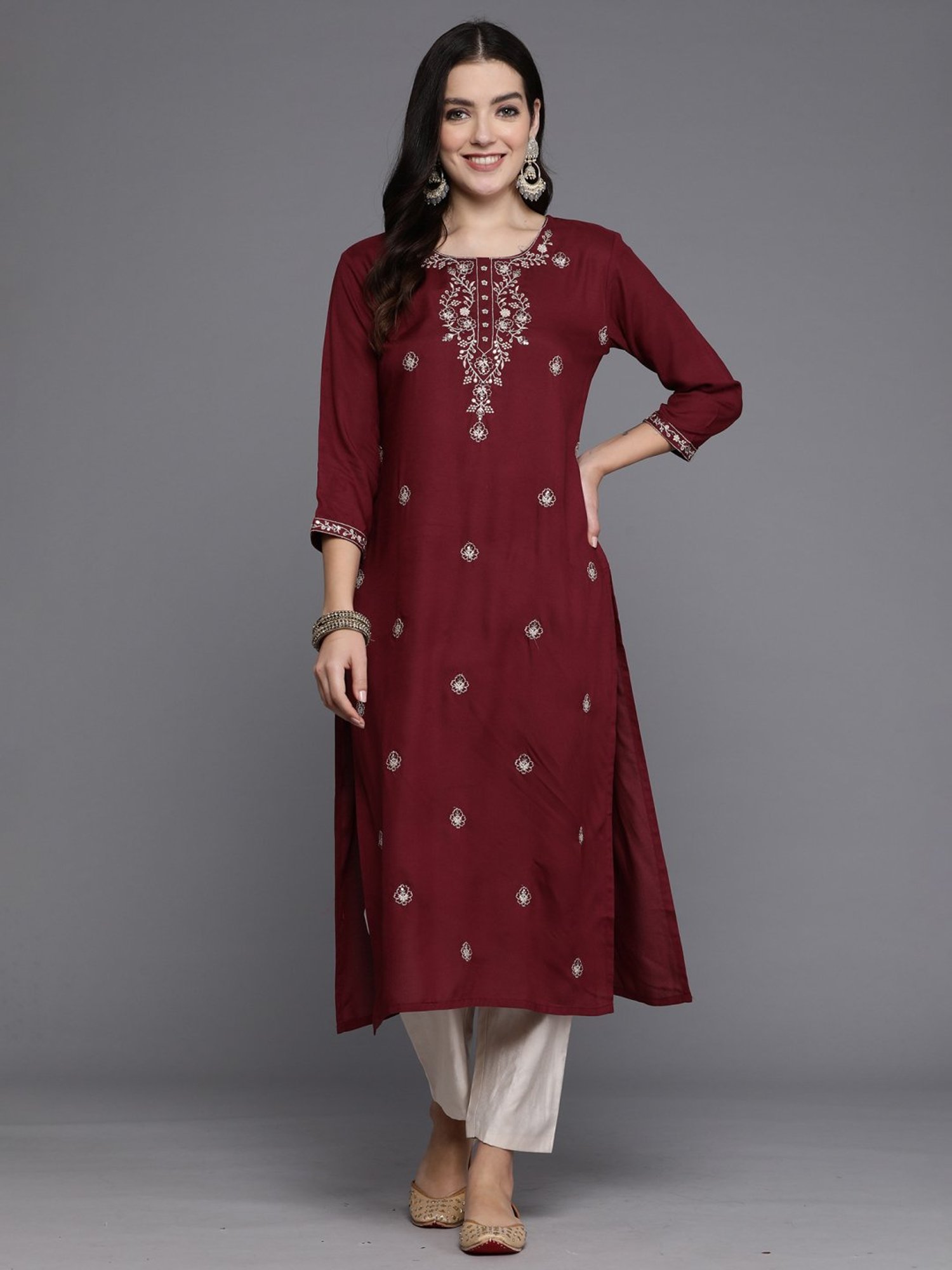 Indo Era Maroon Embroidered Straight Kurta