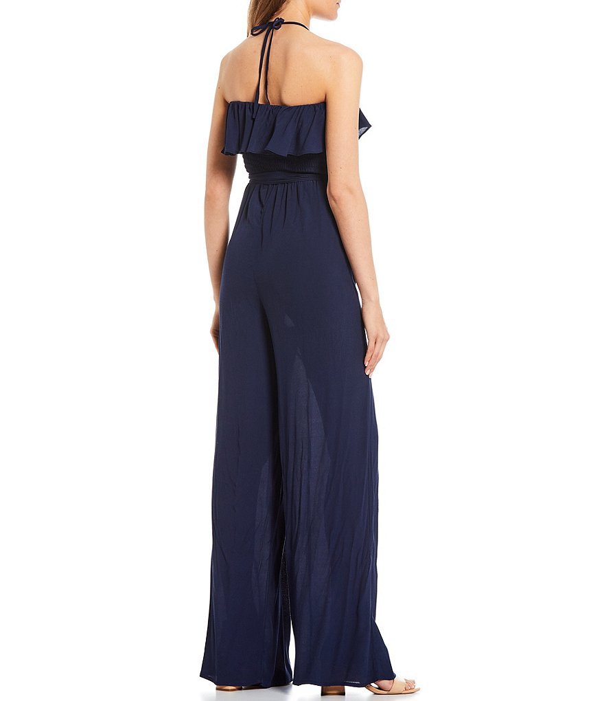 Angie Striped Strapless Smocked Bodice Ruffled Hem Jumpsuit