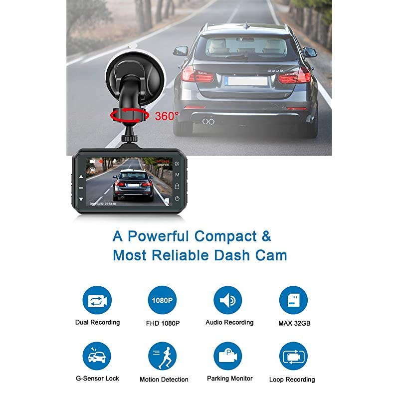 Dash Cam Front and Rear  Dual Dash Cam 3 inch Dashboard Camera Full HD 170&deg; Wide Angle Backup Camera with Night Vision WDR GSensor Parking Monitor Loop Recording Motion Detection