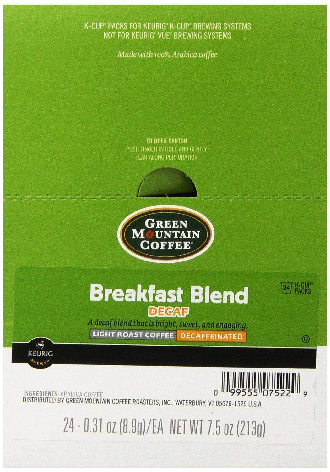 Green Mountain Coffee Decaf Breakfast Blend  (Light Roast Coffee), K-Cup Portion