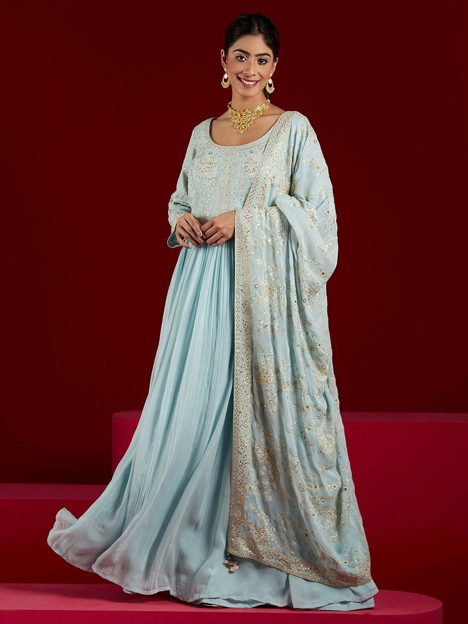 Libas Art Blue Embroidered Kurta Pant Set With Dupatta