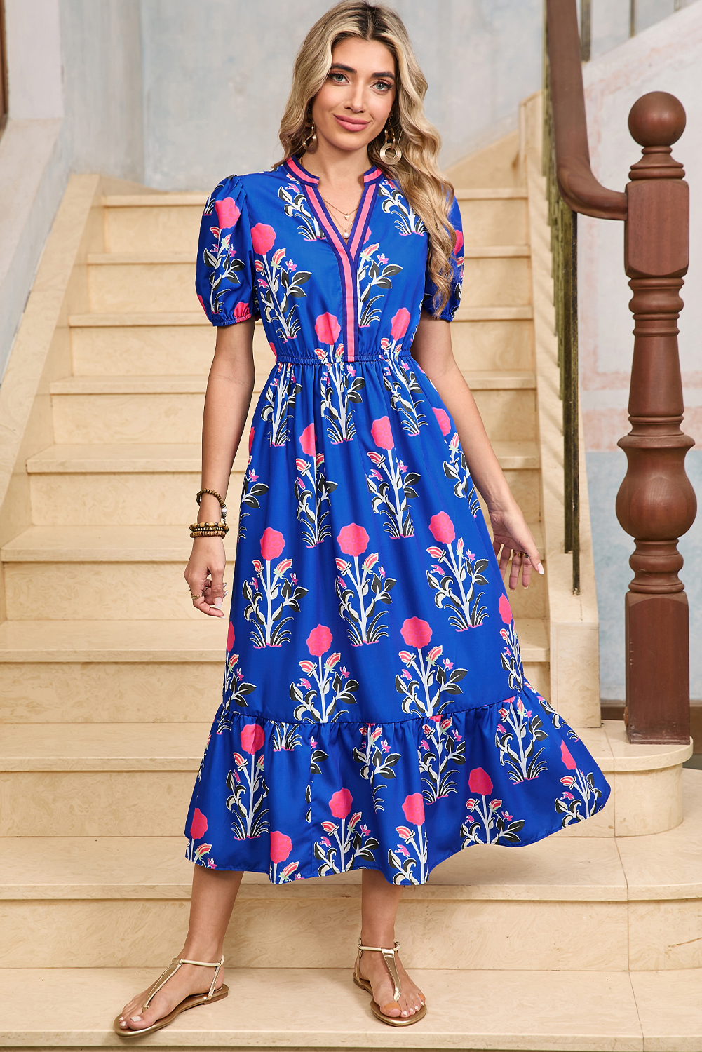 Multicolour Floral Print Split Neck Midi Dress