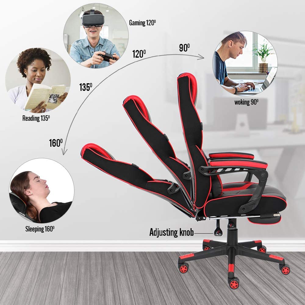 Racing Gaming Chair with Footrest and Massage Lumbar Pillow, Swivel Height Adjustable Reclining PU Leather Video Game Chair, E-Sports Gaming Chair Big and Tall